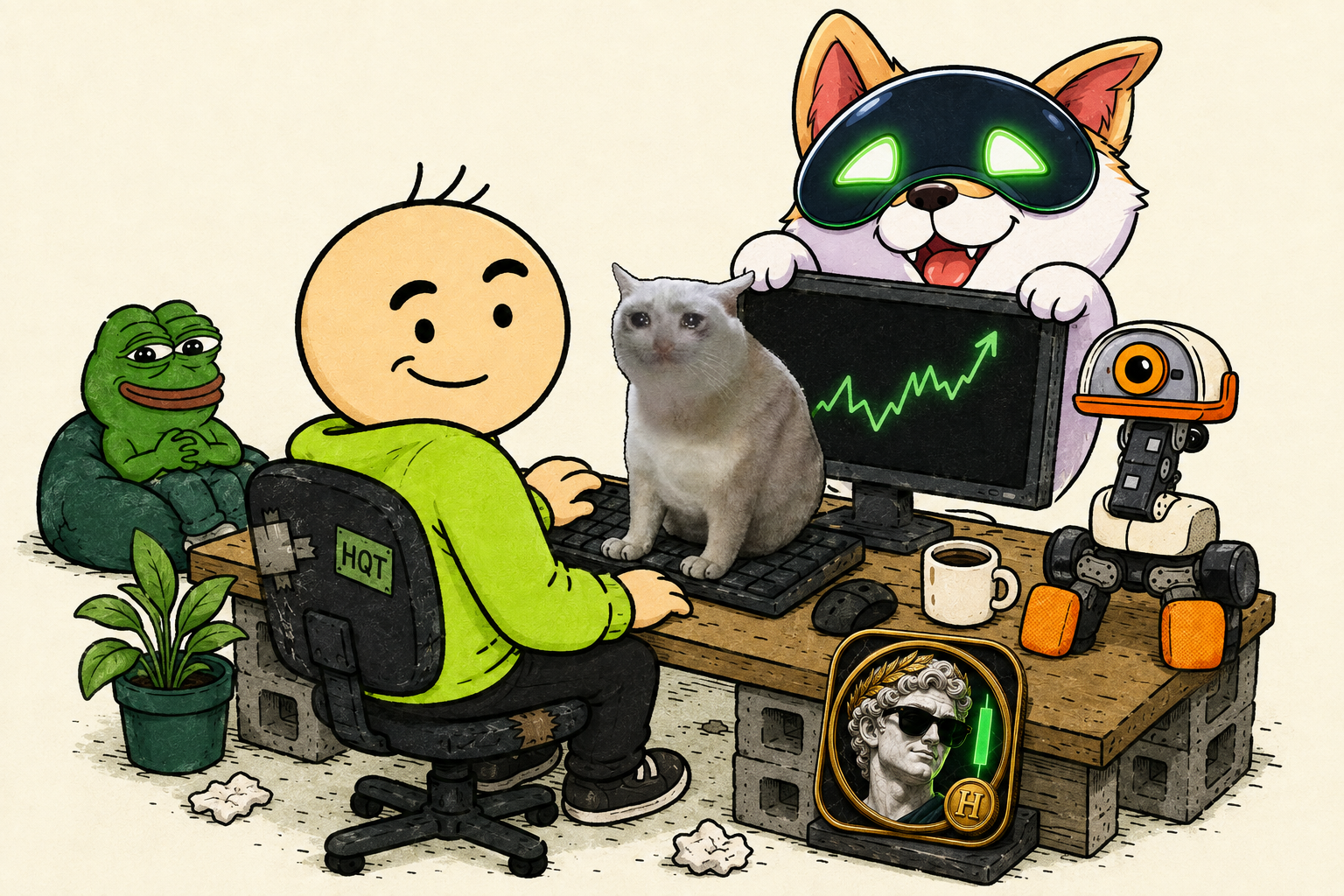 HQT at his trading desk with Artificial Inu, Cash Cat, Microduck and Boner