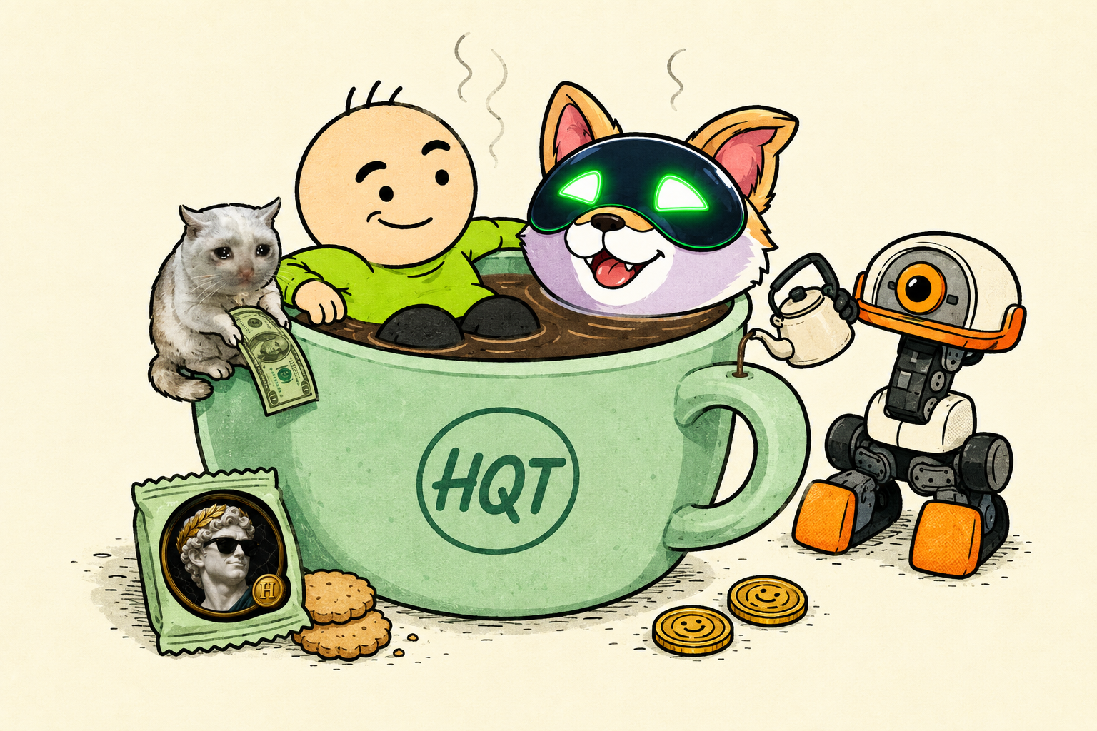 HQT and his memes relaxing in an enormous coffee mug