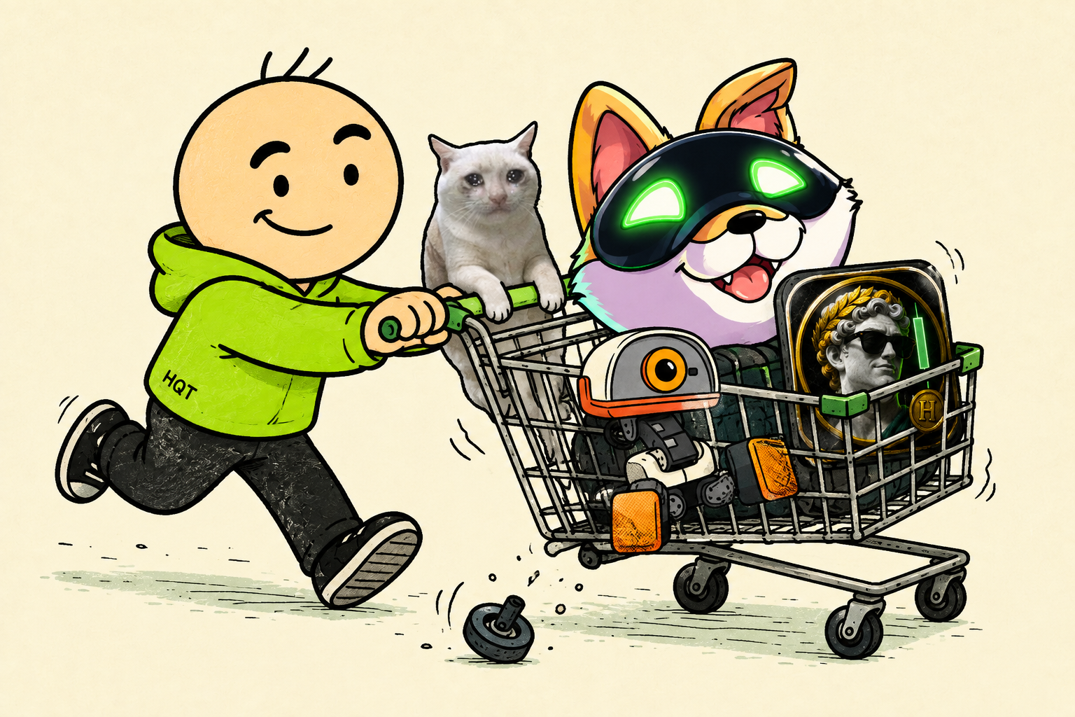HQT pushing his favorite memes in a wobbly shopping cart