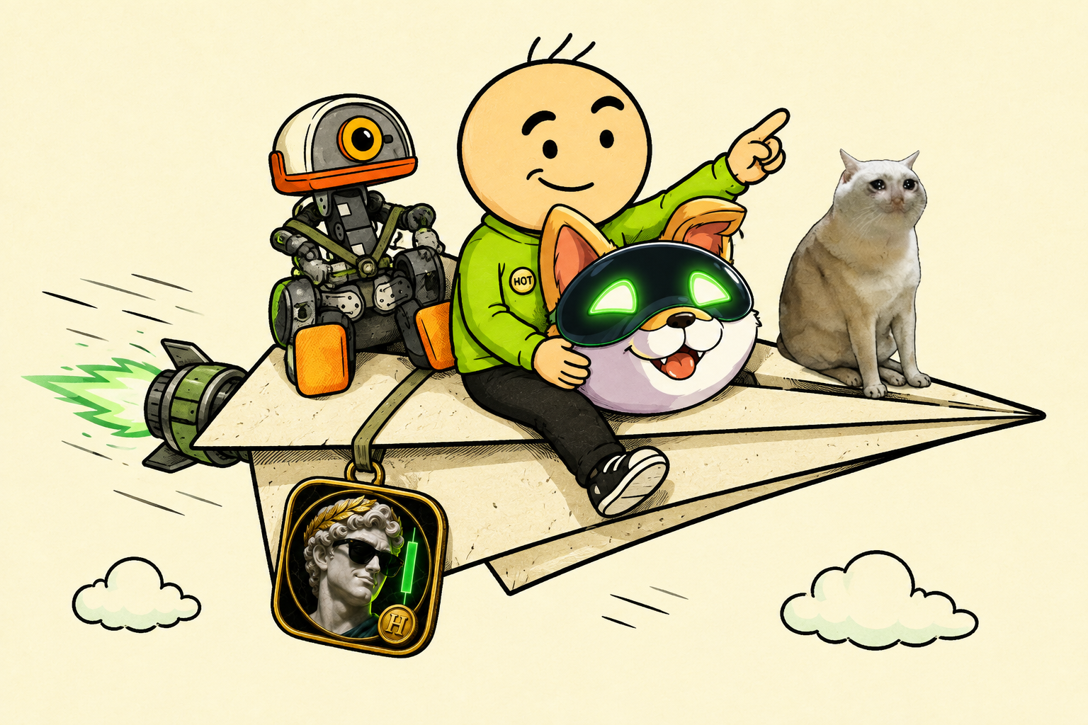 HQT and the meme crew riding a rocket-powered paper plane
